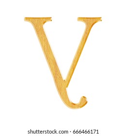 Natural wooden uppercase or capital letter V in a 3D illustration with a light brown wooden color and grain texture with a bevel in a libertine font isolated on a white background with clipping path.