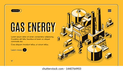 Natural-gas And Energy Supply Company Isometric Web Banner Or Landing Page Template With Cargo Trucks Carrying Liquefied Gas In Tank From Processing Plant Or LNG Terminal Line Art Illustration.