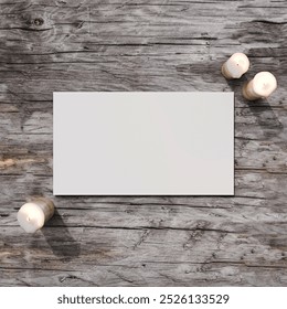 A natural-themed mockup featuring a blank white card on rustic wood, accompanied by candles, perfect for wedding invitations or rustic design presentations. - Powered by Shutterstock