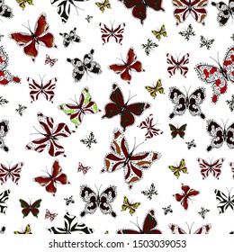 Nature butterfly repeat theme in red, gray and white colors. Beautiful seamless butterfly iterative texture isolated on contrast back layer. Wildlife insect fauna backdrop for cover.