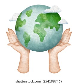 Nature Conservation. Nurturing Our Planet. Ecology Saving. Watercolor Illustration of Hands Holding and Embracing Earth Isolated on White Background - Powered by Shutterstock