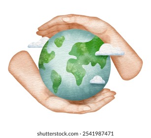 Nature Conservation. Nurturing Our Planet. Ecology Saving. Watercolor Illustration of Hands Holding and Embracing Earth Isolated on White Background - Powered by Shutterstock