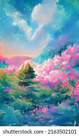 Nature Fairy Land Background  NFT nonfungible token background    Mobile format background and moon  sun  mountains  day  night  sky   forest  Wallpaper illustrations 
