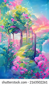 Nature Fairy Land Background  NFT nonfungible token background    Mobile format background and moon  sun  mountains  day  night  sky   forest  Wallpaper illustrations 