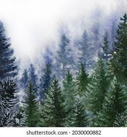 Nature forest in fog scene. Watercolor illustration. Hand drawn mountains, fir trees in fog. Wild north landscape element. Wild nature scene with fir trees, pine in the mountains. Woodland landscape