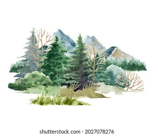 Nature forest lawn scene. Watercolor illustration. Hand drawn mountains, trees, bush, glade with grass. Wild landscape element. North nature with mountains, fir trees, and grass. White background