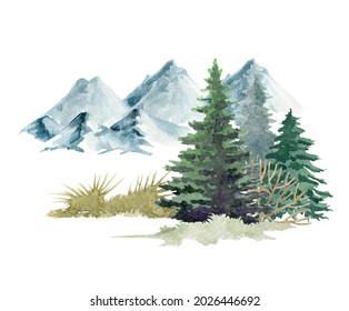 Nature forest scene. Watercolor illustration. Hand drawn mountains, fir trees, pine and grass. Wild north landscape element. Wild nature scene with fir trees, mountains and grass. White background