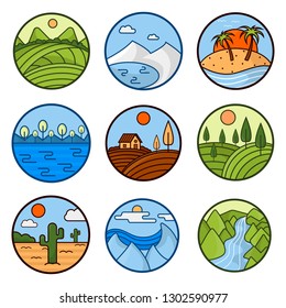 Nature Landscape Icons Mountains Ocean Forest Stock Illustration ...