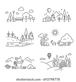 Nature Landscape Outline Icons With Tree, Plants, Mountains, River. River And Mountain Landscape, Illustration Of Linear Nature Landscape