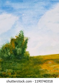 Nature Lanscape Painting Background. Oil Painting. Sunshine Day. 