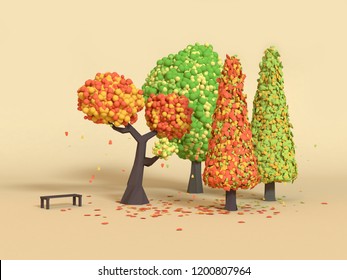 Nature Park Low Poly Cartoon Tree Fall/autumn 3d Rendering