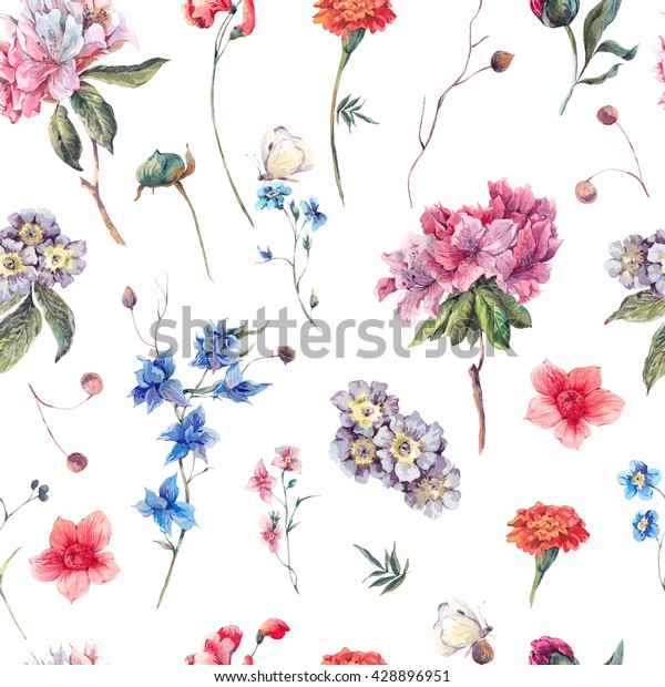 自然のシームレスな水の色の背景に夏の花 白い背景に花柄の水彩植物イラスト 花の自然のデジタル紙 のイラスト素材