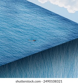 Nature, states of mind and leisure concept. A person swims in an ocean cross-section, depicting both surface and underwater in a surreal image collage illustration. Grunge and noise effect applied - Powered by Shutterstock