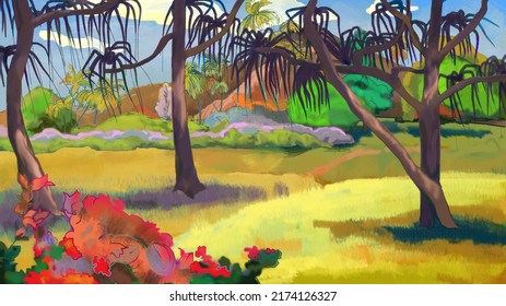 Nature of Tahiti island in the Paul Gauguin style. Digital Painting Background, Illustration.