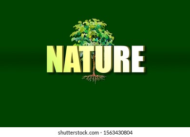 Nature text effect mock up. Watercolor painting of trees forest on green background. Hand painted illustration with typography, brochures, postcard or banners.