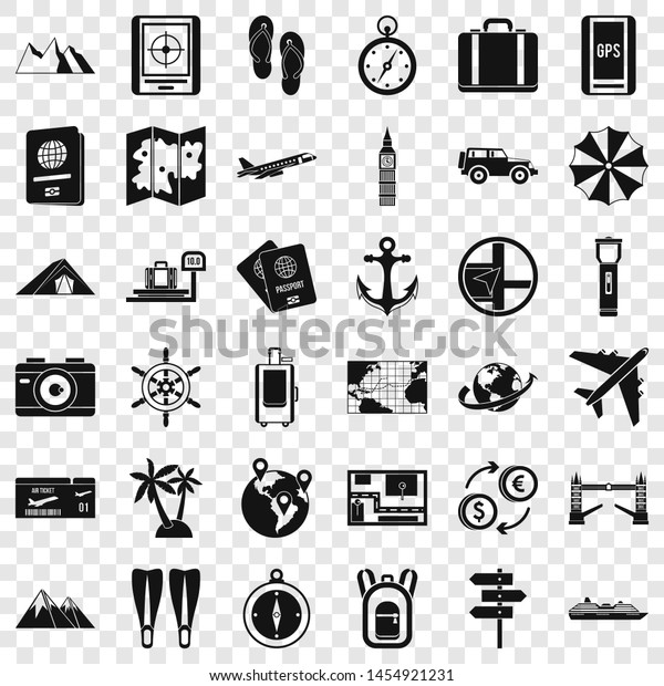 Nature travel icons set. Simple style of\
36 nature travel icons for web for any\
design