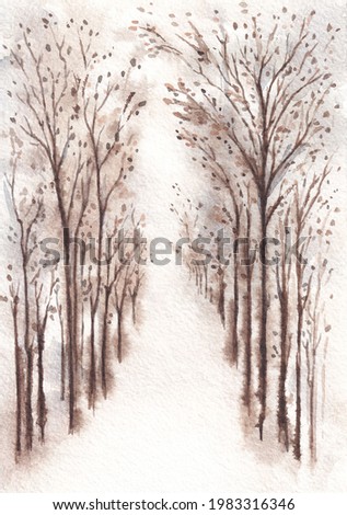 Nature watercolor late autumn or winter landscape. Sepia colored landscape with alley of trees on white background. Watercolor painting on textured paper.