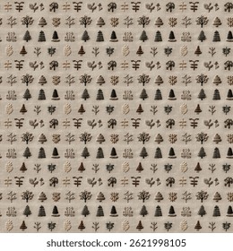 Nature-inspired fabric pattern with various trees and leaves in earthy tones.