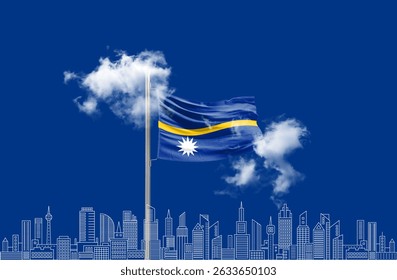 Nauru country flag waving on mast with solid colour vector building skyline.