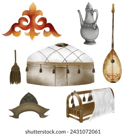 Nauryz watercolor set on isolated white background. Elements for the Kazakh national holiday of the spring equinox. Yurt and dombra, national pattern and cradle, hat and jug For the design of holiday