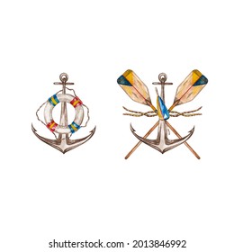 Nautical Ahoy Clipart. Anchors With Life Ring, Oars, Buoy And Ropes. Red-blue Yellow Marine Decor. Watercolor Hand Painted Isolated Elements On White Background.