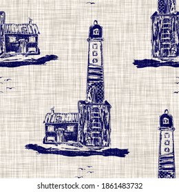 Nautical Blue Lighthouse On Linen Texture Background. Summer Coastal Farmhouse Style Home Decor Tile Swatch. Indigo Navy Blu Material. Rustic Mariner Stylish Natural Textile Seamless Pattern.