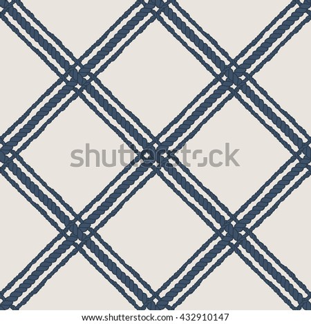 Nautical crossed rope seamless pattern. Endless navy illustration with blue fishing net ornament and crossing cord on white backdrop. Trendy maritime style background. For fabric, wallpaper, wrapping