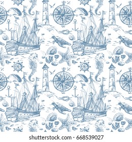 Nautical elements seamless pattern. vintage sea background. Marine hand drawn outline  illustration. Template for prints, wrapping paper, fabrics, covers, banners, posters.  