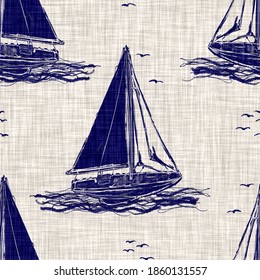 Nautical Navy Blue Sailing Boat On Burlap Linen Texture Background. Natural Summer Coastal Living Style Design. Modern Mariner Home Decor Seamless Pattern Tile Swatch. 
