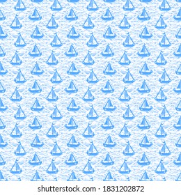 Nautical Sailing Boat Doodle Texture Background. Blue White Sailboat Regatta Mariner Style Seamless Pattern Summer Beach Fashion Tile Swatch. Preppy Yacht Sport Backdrop. 