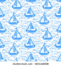 Nautical Sailing Boat Doodle Texture Background. Blue White Sailboat Regatta Mariner Style Seamless Pattern Summer Beach Fashion Tile Swatch. Preppy Yacht Sport Backdrop. 