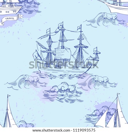 Nautical seamless pattern with sailing vesselsand and sea. Hand drawn elements for summer holidays.Travel, marin and ocean.  Illustration