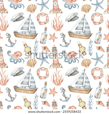 Nautical seamless pattern. Sailor digital paper. Lighthouse, boat, sea life. Nursery cute pattern