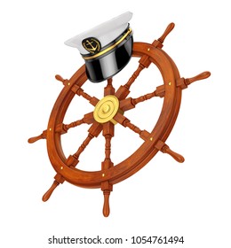 Naval Officer, Admiral, Navy Ship Captain Hat Over Ship Steering Wheel On A White Background. 3d Rendering 