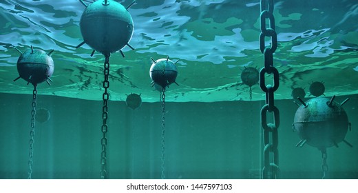 Naval Underwater Mines Bombs Floating Underwater In The Ocean. Hidden Danger High Risk Concept 3d Rendered Illustration