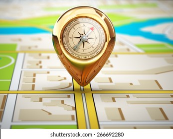 Navigation concept. Pin with compass on the city map. 3d