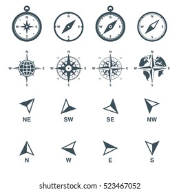 navigation icons set. compass, wind rose and direction arrows. isolated on white background