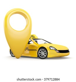 navigation pin pointer and yellow taxi on white background