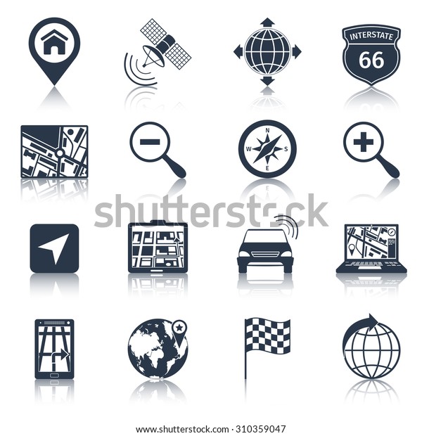 Navigation road traffic city drive icons\
black set isolated \
illustration