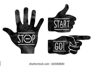 Navigation Signs. Black Hands Silhouettes - Pointing Finger, Stop Hand And Thumb Up. Stop, Start, Go. Illustration