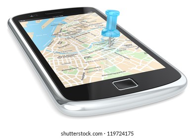 Navigation Via Smart Phone. Black Smartphone With A GPS Map. Blue Pushpin.