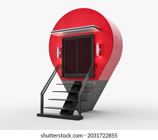 Navigator pin locator. Red concreate 
 stairs light empty space Creative GPS map pointer. Geolocation sign isolated on white background. shop, market, outlet store 3D illustration 