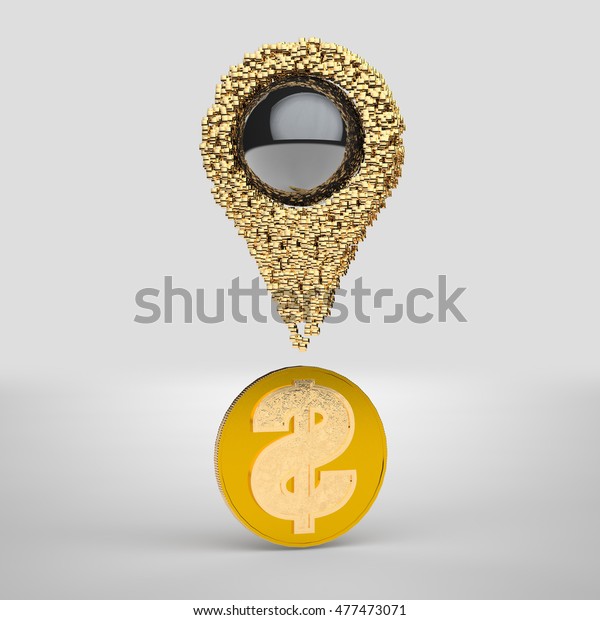 Navigator pointer from the\
golden dice indicates gold coin dollar, image on a white\
background, 3d\
rendering