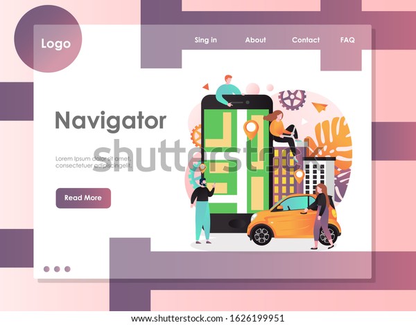 Navigator website template, web\
page and landing page design for website and mobile site\
development. GPS Navigation app, driving and walking route finder\
concept.