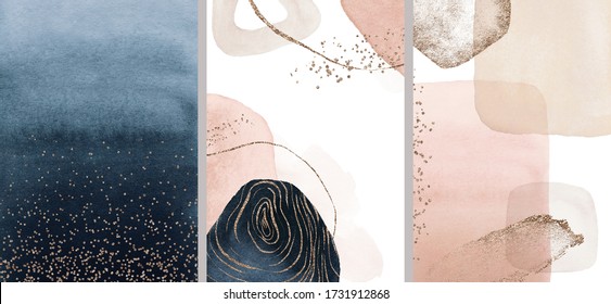 Navy, Beige, Blush, Pink, Ivory Watercolor Illustration And Gold Elements, On White Background. Abstract Modern Print Set. Logo. Wall Art. Posters.