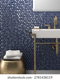 Navy blue 3D diamond hexagonal tile bathroom with brass fixtures 3D render