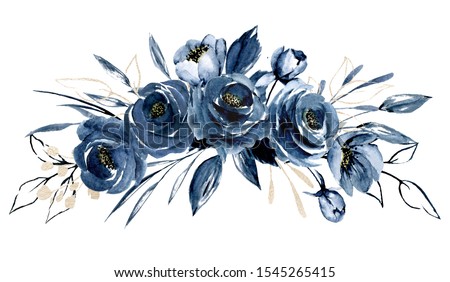 Navy blue flowers watercolor, floral clip art. Bouquet roses perfectly for printing design on invitations, cards, wall art and other. Arrangement isolated on white background. Hand painting. 