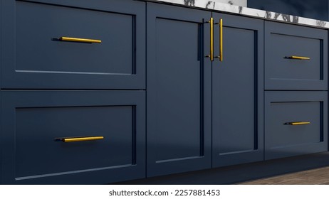 Navy blue kitchen cabinet doors and golden metal kitchen handles with grained marble countertops, popular cabinetry shaker door style design for kitchen or bathroom interior remodel. 3d visualization
