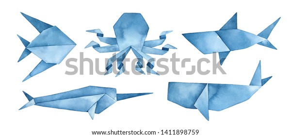 海中動物の海軍青の折り紙コレクション 鯨 サメ タコ 抽象的魚 ナーホール 白い背景に手描きの水彩グラフィックペイント デザイン用の切り取りクリップアートエレメント のイラスト素材