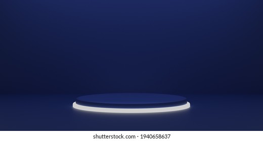 Navy Blue Podium And Neon Glow Border And Blue Background,
3d Rendering.